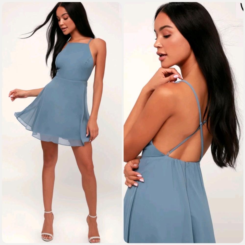 Lulu's Slate Blue Backless Skater Dress